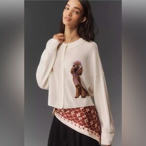NWOT Anthropologie The Goldie Crew Neck Cashmere Blend Dog Cardigan Sweater Sz M